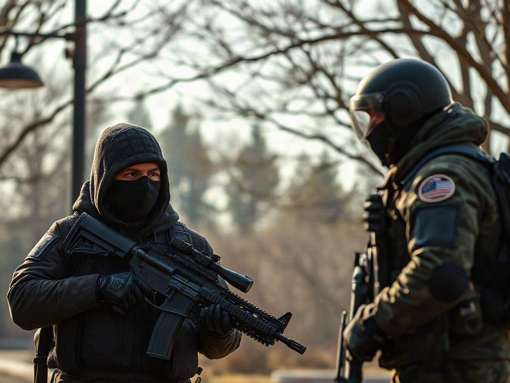 Два человека в масках, один с оружием, другой в защитной одежде, общаются на фоне деревьев.
