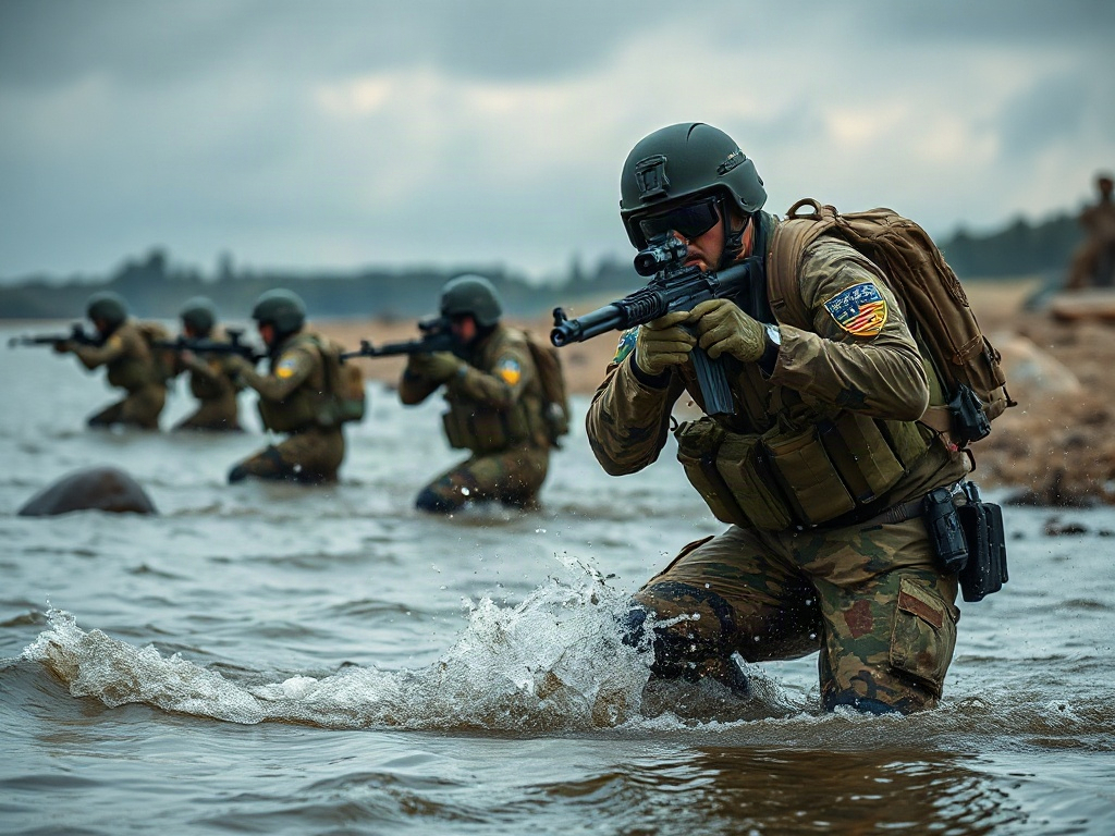 Водяная операция: солдаты в военной форме, проходящие через воду с оружием в руках. Мрачное небо на фоне.
