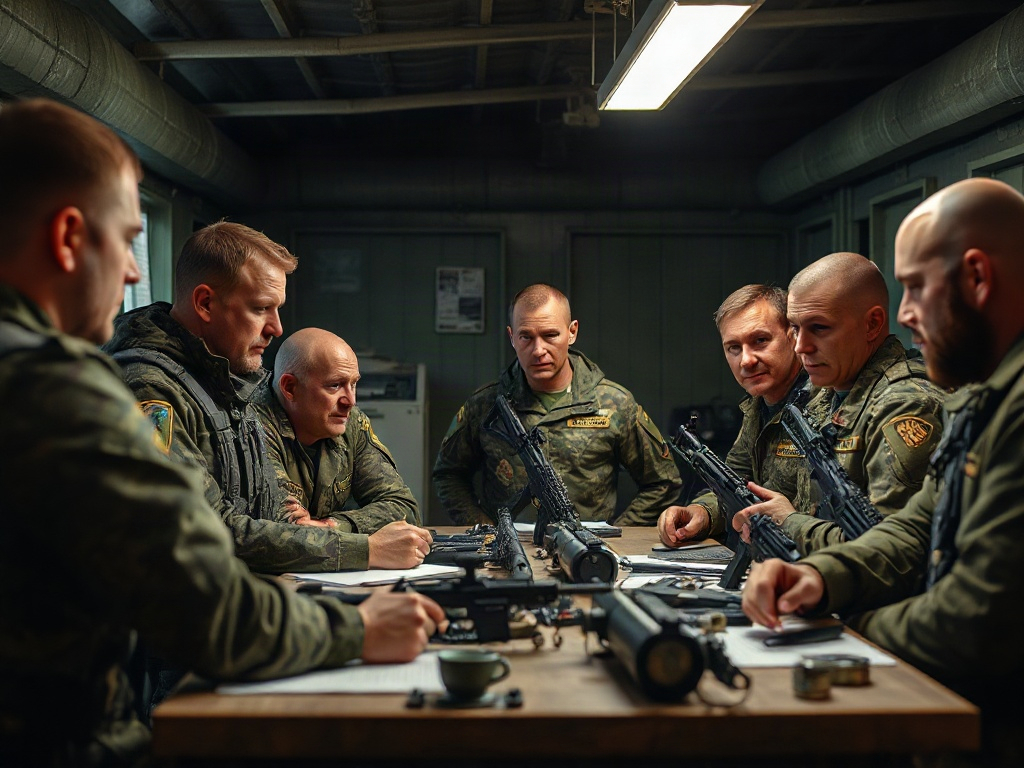 Группа военных за столом обсуждает стратегию, на столе оружие и документы. Атмосфера сосредоточенная.